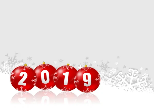 Nieuwe jaar vakantie 2019 illustratie met kerstballen op witte sneeuwvlokken achtergrond — Stockfoto