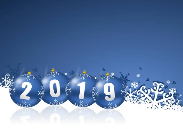 Neujahr 2019 Urlaub Illustration mit Weihnachtskugeln auf weißen und blauen Schneeflocken Hintergrund — Stockfoto