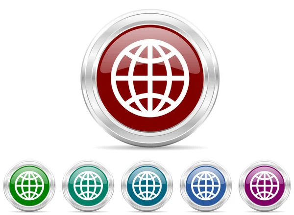 Globe Terrestre Symbole Argent Métallique Icône Web Vecteur Ensemble — Image vectorielle