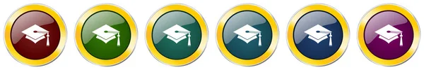 Bildungs-Hochglanz-Icon-Set, silber-metallic-goldene Vektor-Illustrationen in 6 Optionen für Webdesign und mobile Anwendungen — Stockvektor