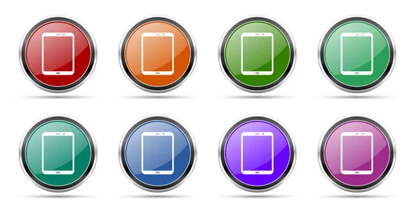 Tableta, móvil, teléfono, iconos de teléfonos inteligentes, conjunto de botones web brillantes redondos con bordes metálicos cromados plateados aislados sobre fondo blanco en 8 opciones — Foto de Stock