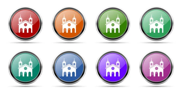 Religion, church icons, set of round glossy web buttons with silver metallic chrome borders isolated on white background in 8 options — ストック写真