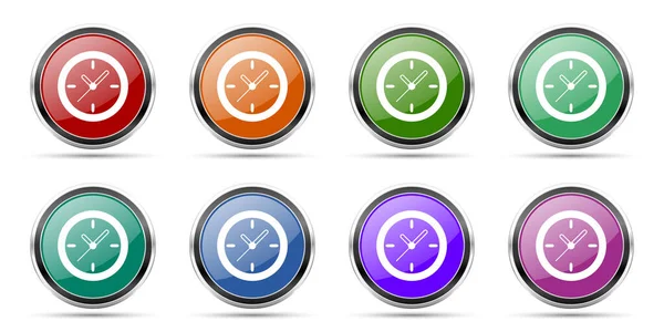 Czas, zegar, ikony zegarka, zestaw okrągłych błyszczących przycisków internetowych ze srebrnymi metalicznymi ramkami chromowymi izolowanymi na białym tle w 8 opcjach — Zdjęcie stockowe