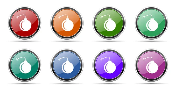 Bomb icons, set of round glossy web buttons with silver metallic chrome borders isolated on white background in 8 options — Stock Photo, Image