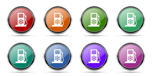 Icone carburante invernale, set di bottoni web rotondi lucidi con bordi metallici argento cromati isolati su sfondo bianco in 8 opzioni — Foto Stock