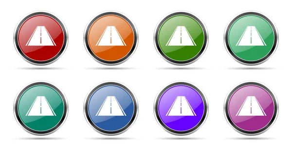 8 가지 옵션에서 흰색 배경에 분리 된 은색 금속 크롬 테두리가 있는 둥근 광택나는 웹 버튼 세트 도로 아이콘 — 스톡 사진