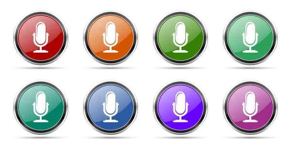 Ikony mikrofonu, zestaw okrągłych błyszczących przycisków internetowych ze srebrnymi metalicznymi ramkami chromowymi izolowanymi na białym tle w 8 opcjach — Zdjęcie stockowe