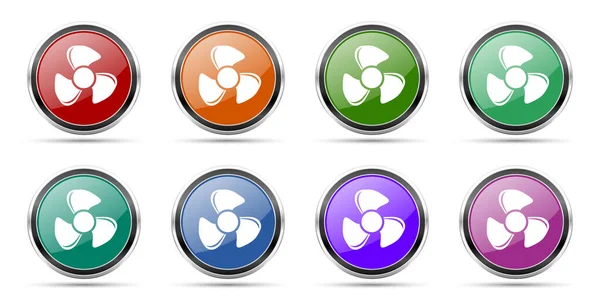Fan icons, set of round glossy web buttons with silver metallic chrome borders isolated on white background in 8 options — ストック写真