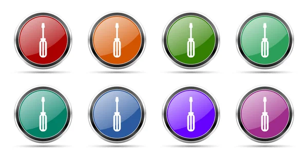 Ícones da ferramenta, conjunto de botões de teia brilhantes redondos com bordas de prata cromo metálico isolado em fundo branco em 8 opções — Fotografia de Stock