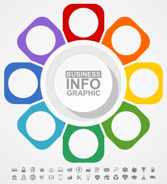 Bunte Infografik-Vorlage, eine Reihe von Vektorsymbolen, kreisförmige Geschäftspräsentation, 8 Optionen — Stockvektor