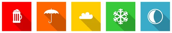Set aus bunten Web-flachen Design-Vektorsymbolen, Bier, Wolke, Schneeflocke, Regenschirm und Mond-Tasten in Folge 10 für Webdesign und mobile Anwendungen auf weißem Hintergrund — Stockvektor