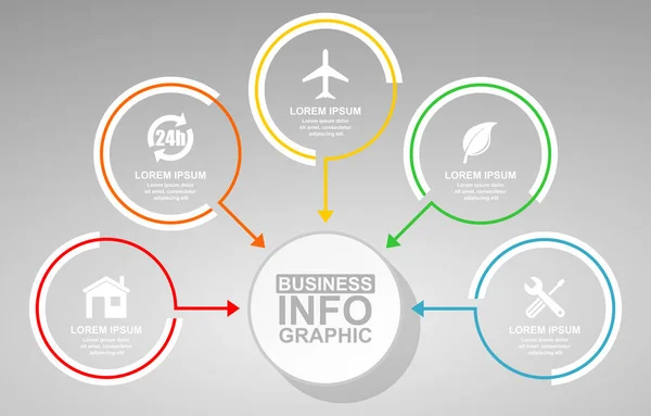 Business, travel and technology vector presentation, flat design circular infographic template, web diagram in 5 options — Stock Vector