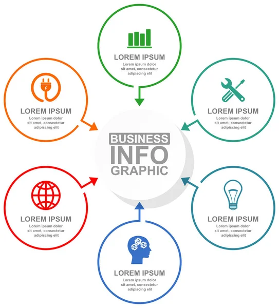 Diagrama de negócios, energia e tecnologia, modelo de vetor infográfico circular de design plano em 6 opções — Vetor de Stock