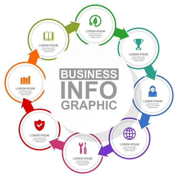 Schemat biznesowy, energetyczny i edukacyjny, płaski wzór okrągłego wektora infografiki, prezentacja internetowa w 8 opcjach — Wektor stockowy