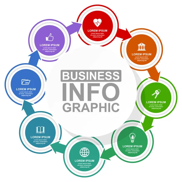Διάγραμμα επιχειρήσεων, ιατρικής και εκπαίδευσης, κυκλικό infographic διανυσματικό πρότυπο επίπεδου σχεδιασμού, παρουσίαση στο διαδίκτυο σε 8 επιλογές — Διανυσματικό Αρχείο
