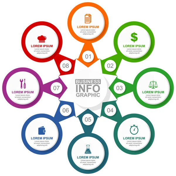 Üzleti, szakács, jog és technológia diagram, körkörös infografika sablon, internetes bemutató 8 lehetőség, színes vektor web illusztráció — Stock Vector