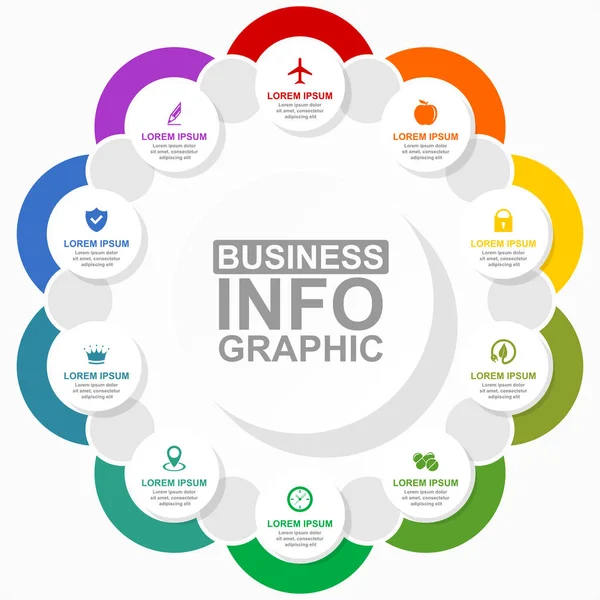 Zakelijk, apotheek en technologie diagram, plat ontwerp cirkelvormige infografische template, web presentatie in tien opties, vector illustratie in eps 10 — Stockvector