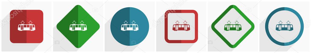 Tram icon set, flat design vector illustration in 6 options for webdesign and mobile applications in eps 10 — Stock Illustration Tram icon set, flat design vector illustration in 6 options for webdesign and mobile applications in eps 10 Stock Illustration