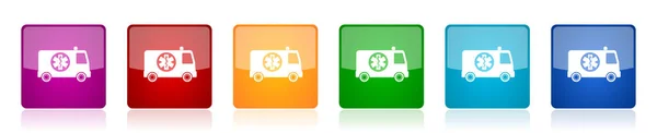 Ambulance Icon Set Colorful Square Glossy Vector Illustrations Options Web — Stock Vector
