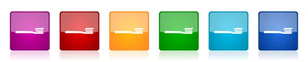 用于网页设计和移动应用的六种选项中的牙刷图标集 五颜六色的正方形光泽矢量插图 — 图库矢量图片