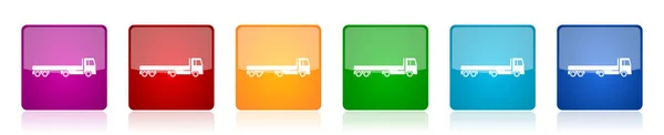 Camion Avec Longue Icône Semi Remorque Transport Coloré Carré Brillant — Image vectorielle