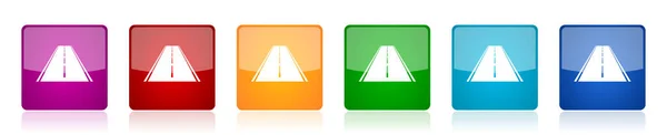 Road Icon Set Kleurrijke Vierkante Glanzende Vector Illustraties Opties Voor — Stockvector