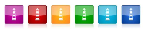 Leuchtturm Icon Set Navigation Meer Bunte Quadratische Hochglanz Vektorillustrationen Optionen — Stockvektor
