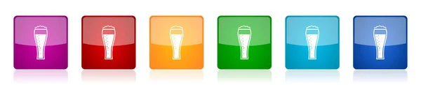 Piwo Zestawie Ikon Szklanych Piwo Napój Kolorowe Kwadratowe Błyszczące Ilustracje — Wektor stockowy