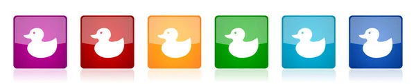 鸭子玩具 鸟类图标集 六种网页设计和移动应用选项中色彩艳丽的正方形矢量插图 — 图库矢量图片