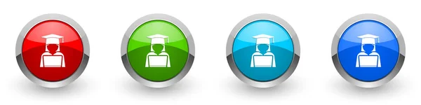 ラップトップの銀金属光沢のあるアイコンを持つ学生 コンピュータ 4色のオプションでウェブ インターネットやモバイルアプリケーションのためのモダンなデザインボタンの教育の概念セット白の背景に隔離された — ストック写真