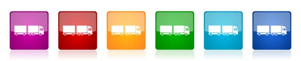 带有长半挂车图标集的卡车 在网页设计和移动应用程序的6个选项中传输彩色正方形光洁矢量插图 — 图库矢量图片