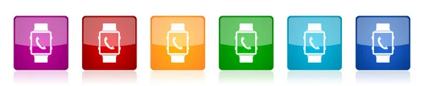 Smartwatch图标集 用于网页设计和移动应用程序的6个选项中的电话呼叫彩色正方形光洁矢量插图 — 图库矢量图片