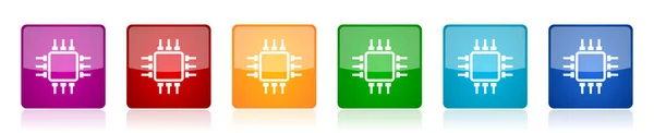 Conjunto Ícones Circuito Chip Ilustrações Vetoriais Quadradas Coloridas Computador Opções —  Vetores de Stock