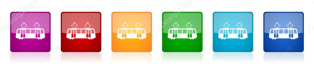 Tram icon set, colorful square glossy vector illustrations in 6 options for web design and mobile applications — Stock Illustration Tram Icon Set Colorful Square Glossy Vector Illustrations Options Web Stock Vector