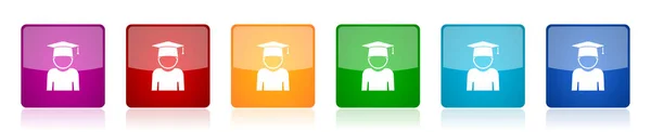 Educar Conjunto Iconos Educación Graduado Estudiante Masculino Colorido Cuadrado Brillante — Vector de stock