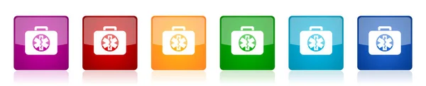 用于网页设计和移动应用程序的六种选项中的营救工具包图标集 五彩缤纷的正方形光泽矢量插图 — 图库矢量图片