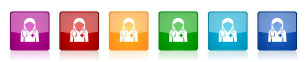 Conjunto Iconos Doctor Ilustraciones Vectores Brillantes Cuadrados Coloridos Opciones Para — Vector de stock