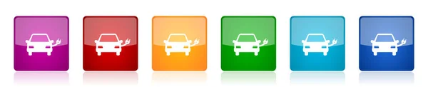 电动汽车 电动汽车图标集 五彩缤纷的正方形光彩夺目的矢量插图在6个网页设计和移动应用选项中的应用 — 图库矢量图片
