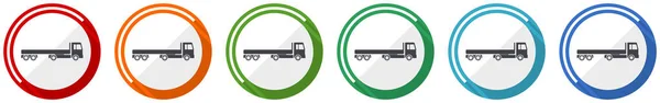 Camion Con Set Icone Lungo Semirimorchio Trasporto Disegno Piatto Vettoriale — Vettoriale Stock