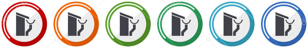 Roof and gutter icon set, guttering home flat design vector illustration in 6 colors options for webdesign and mobile applications