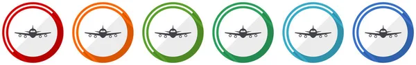 ウェブデザインとモバイルアプリケーションのための6色のオプションで飛行アイコンセット 航空機のフラットデザインベクトルイラスト — ストックベクタ