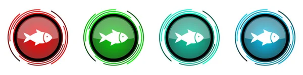 魚のラウンド光沢のあるベクトルアイコン 魚介類 ウェブデザイン インターネットや携帯電話のアプリケーションのためのボタンの食品セット白い背景に隔離された4色のオプションで — ストックベクタ