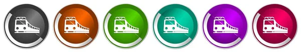 Set Icone Del Treno Ferrovia Trasporto Argento Metallizzato Cromo Bordo — Vettoriale Stock