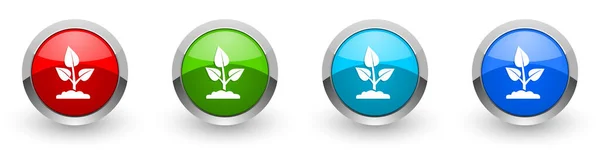 自然植物の銀金属光沢のあるアイコン 有機的 生態系の概念は 白い背景に隔離された4色のオプションで ウェブ インターネット モバイルアプリケーションのためのモダンなデザインボタンのセット — ストック写真