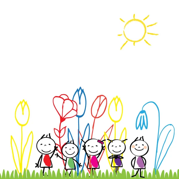 Happy children and colorful nature. — Stock Vector