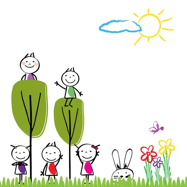 Niños felices y naturaleza colorida . — Vector de stock