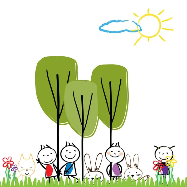 Niños felices y naturaleza colorida . — Vector de stock