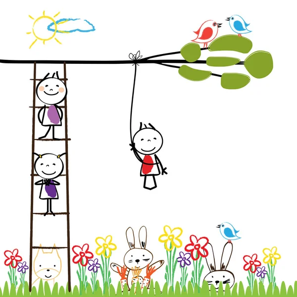 Enfants heureux et nature colorée . — Image vectorielle