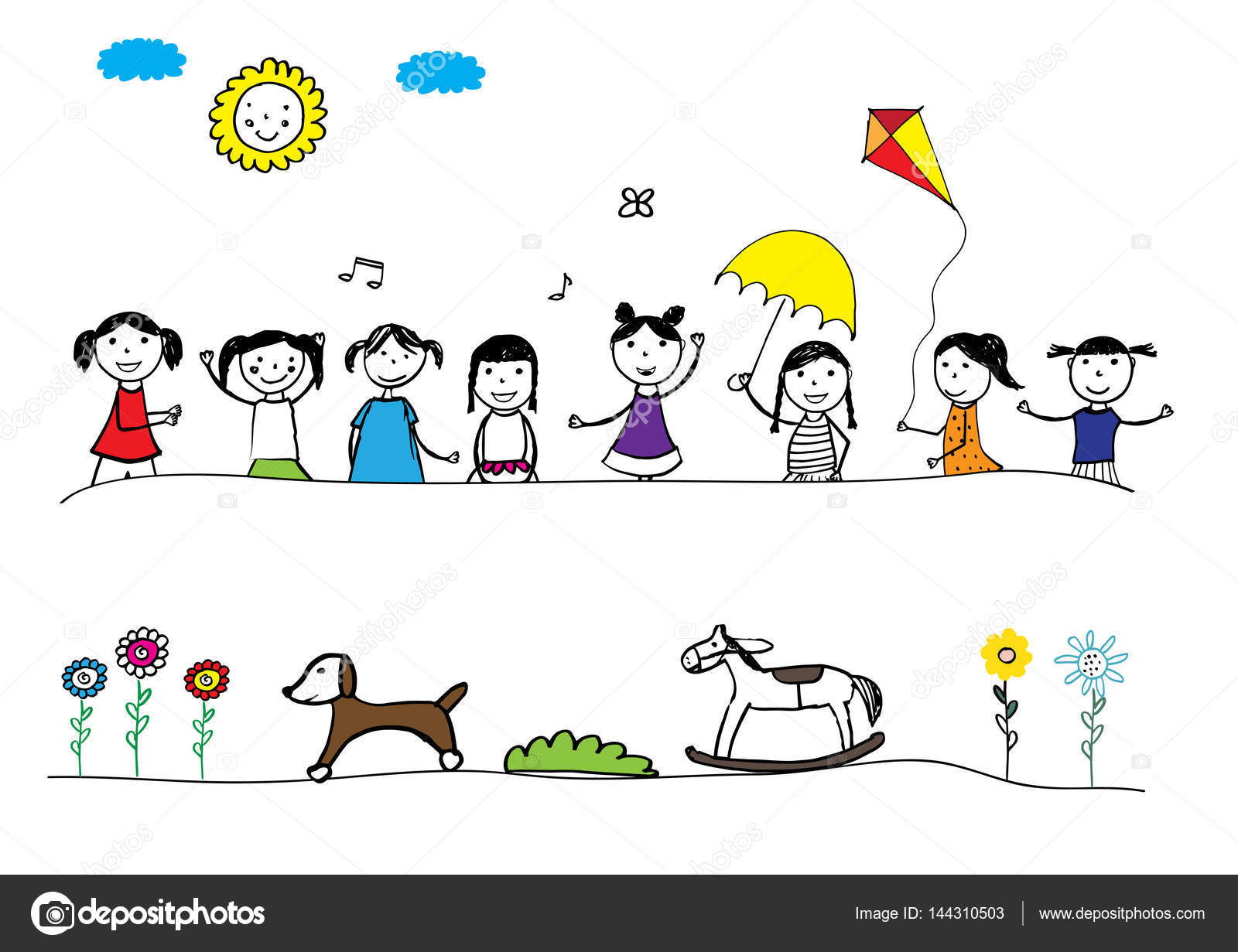 Bordo colorato e felice ragazze Illustrazione disegnata a mano — Vettoriali di justaa