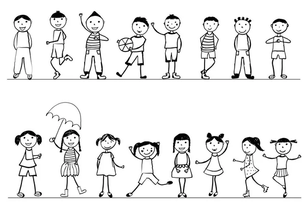 Niños felices. Blanco y negro dibujado a mano — Vector de stock